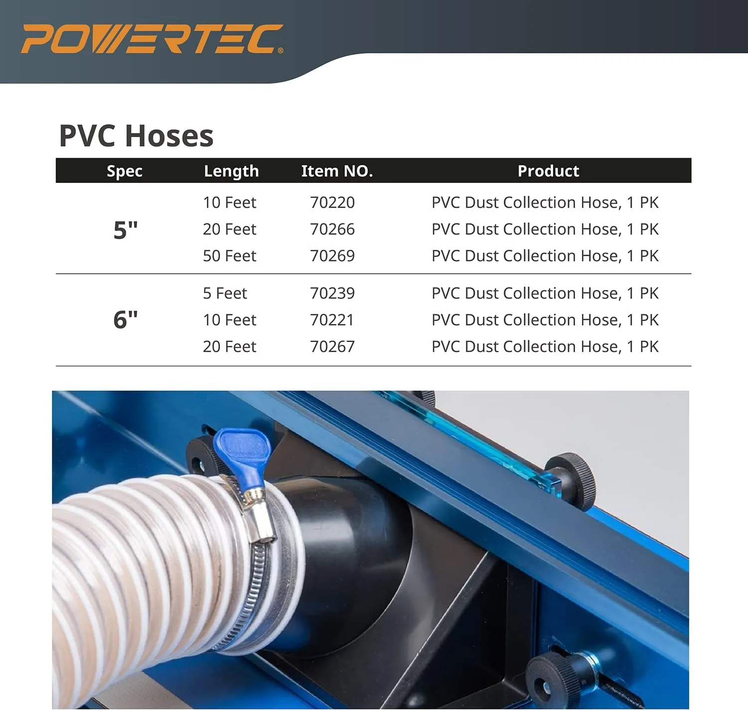 POWERTEC 6" x 20' Dust Collection Hose, 6 Inch Dust Collector Hose for Woodworking and Wood Shop Dust Collection System (70267)