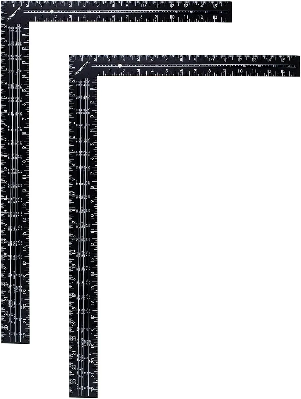 POWERTEC Framing Square, 16'' x 24'' Carpenter Square with Rafter Tables, Woodworking Square for Carpenter, Stair Gauges, Construction, Woodworking, 2PK (80008-P2)
