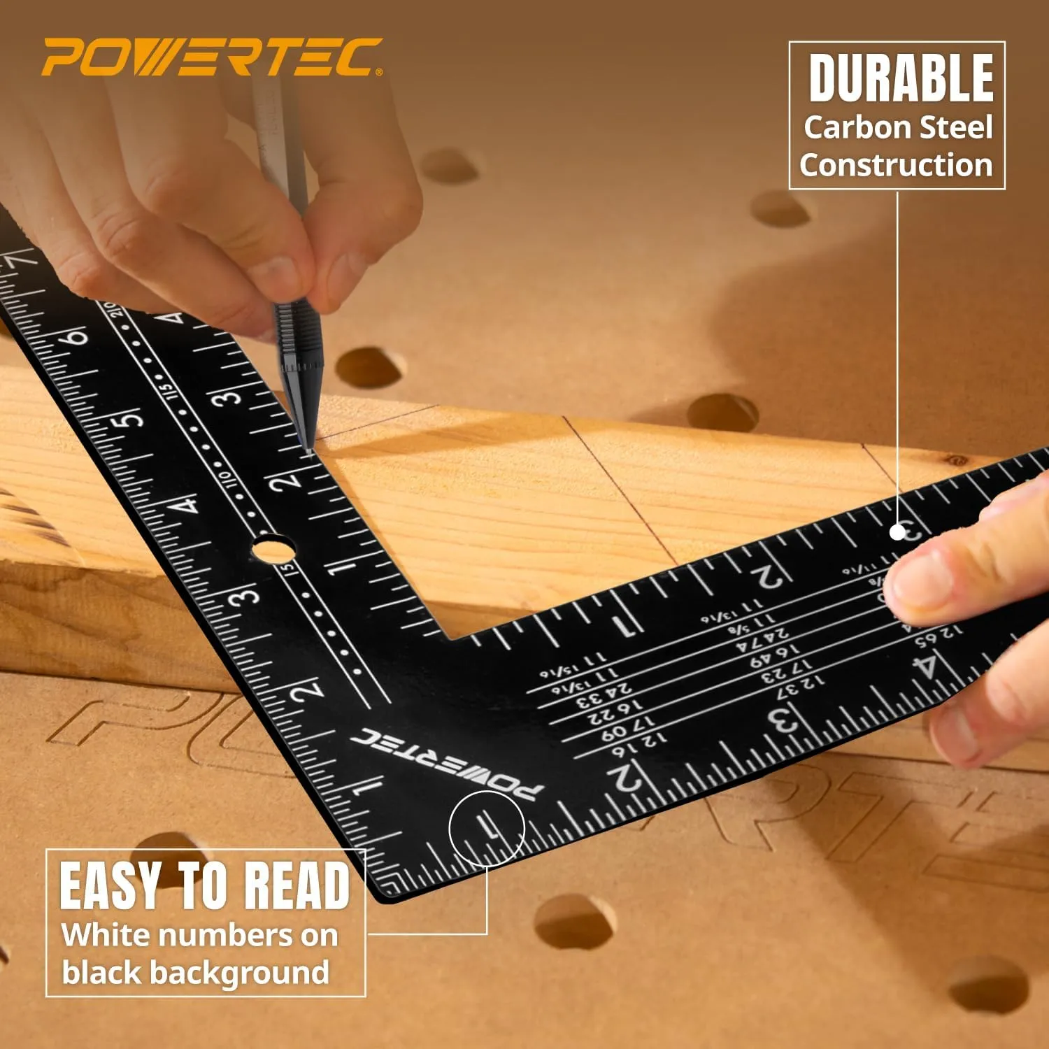 POWERTEC Framing Square, 16'' x 24'' Carpenter Square with Rafter Tables, Woodworking Square for Carpenter, Stair Gauges, Construction, Woodworking, 2PK (80008-P2)
