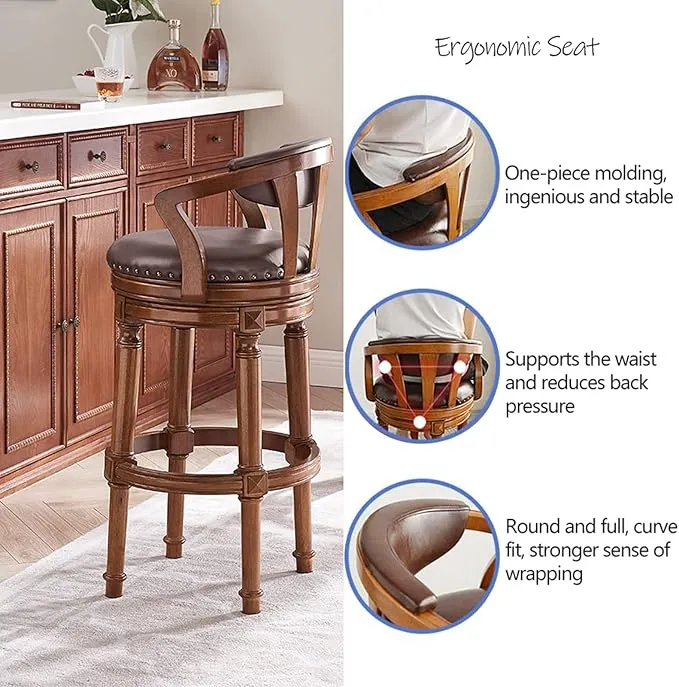 Premium Bar Stool Made in Solid wood with PU Leatherette Soft Cushion Backrest, Retro Height 360 Degree Rotation and Perfect for Restaurant & Dining