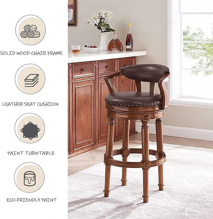Premium Bar Stool Made in Solid wood with PU Leatherette Soft Cushion Backrest, Retro Height 360 Degree Rotation and Perfect for Restaurant & Dining