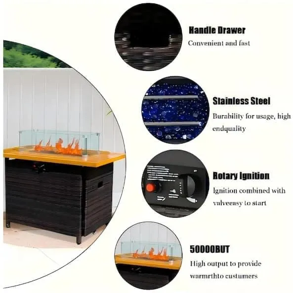 Propane Gas Fire Pit Table, 55000 BTU Rectangular Fire Pit with Glass Wind Guard for Outside Patio Deck Garden Backyard Brown-Aluminum Top (Brown, Rectangle)