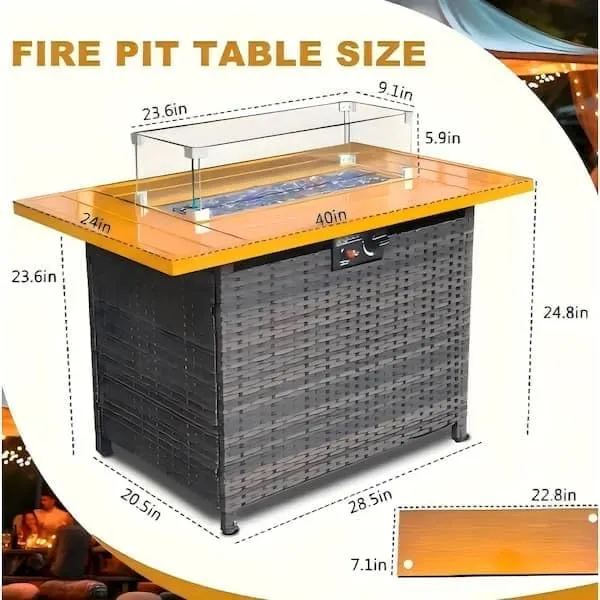Propane Gas Fire Pit Table, 55000 BTU Rectangular Fire Pit with Glass Wind Guard for Outside Patio Deck Garden Backyard Brown-Aluminum Top (Brown, Rectangle)