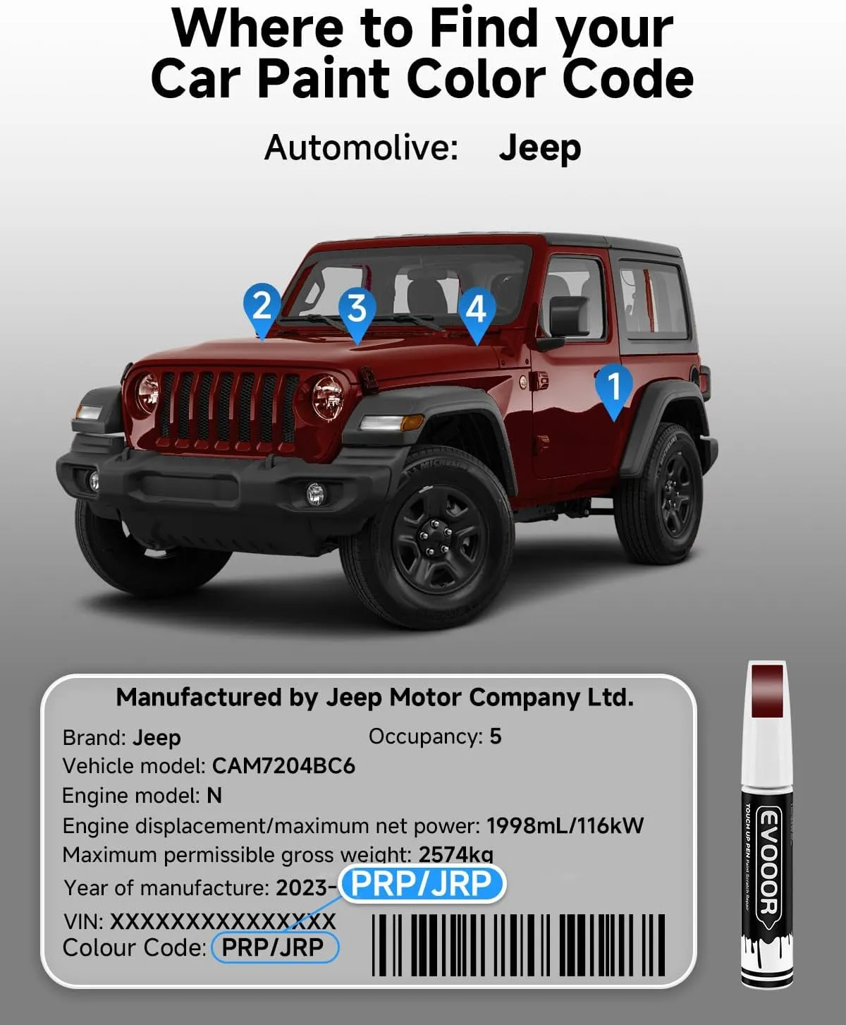 PRP/JRP Deep Cherry Red Crystal Pearl Touch Up Paint Compatible with JeepExact Match 2 in 1 Touch up Paint for Chips and Nicks Repair