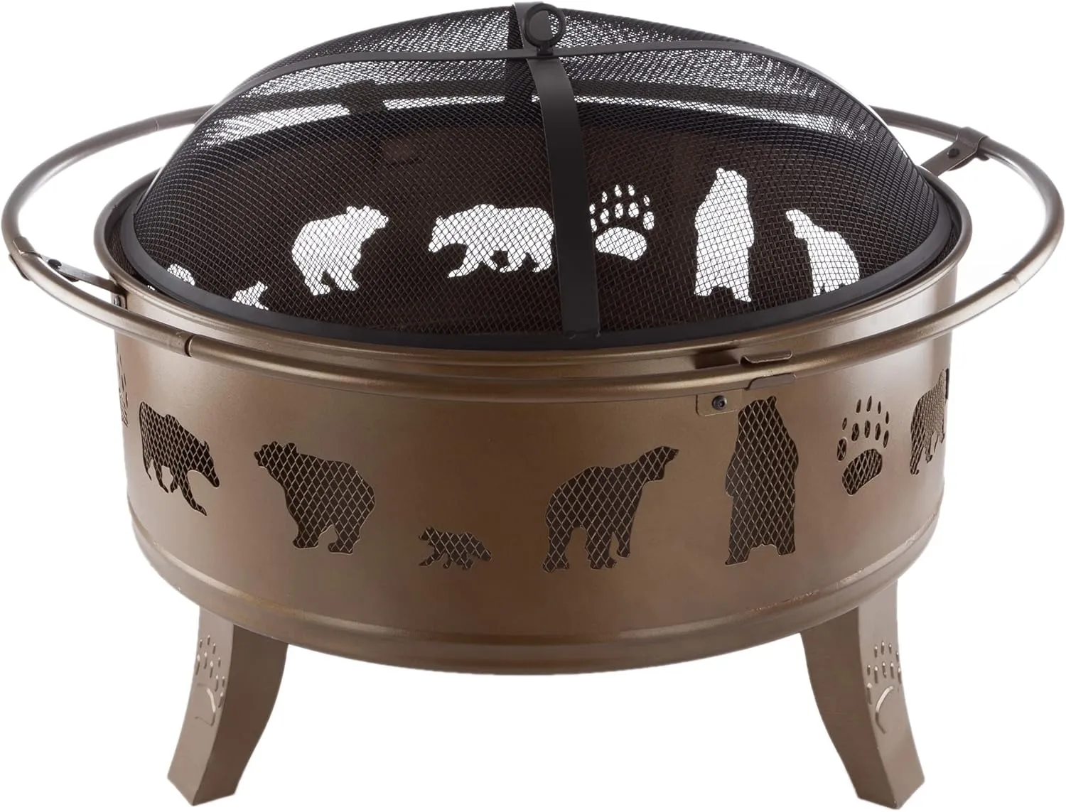 Pure Garden 50-LG1202 32” Outdoor Deep Fire Pit-Round Large Steel Bowl with Bear Cutouts, Mesh Spark Screen, Log Poker & Storage Cover-Patio Wood Burning, Antique Gold