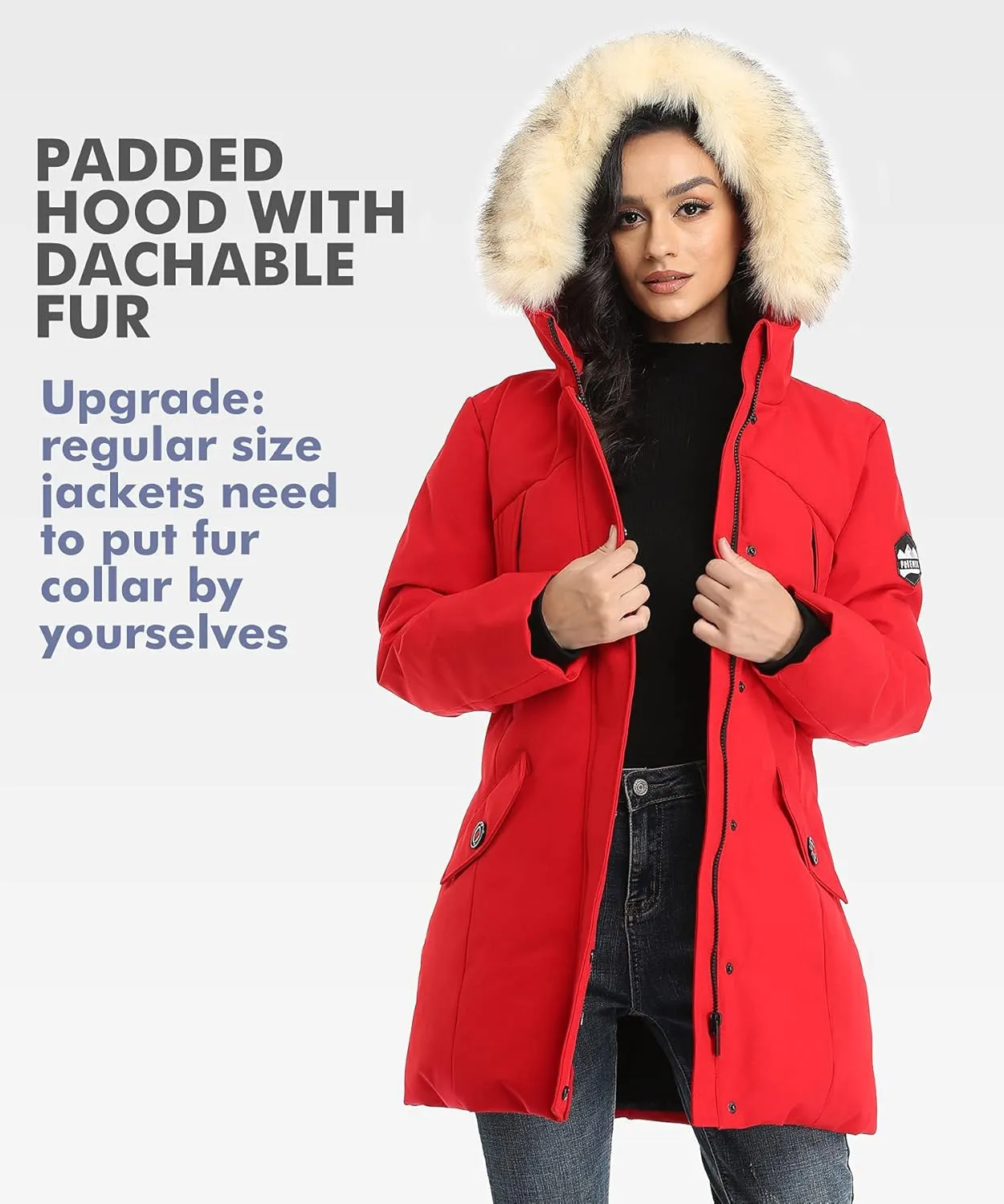 PUREMSX Winter Coat for Women, Thick Warm Fur Hood Insulated Vegan Down Padded Jacket Parka XS-XXL