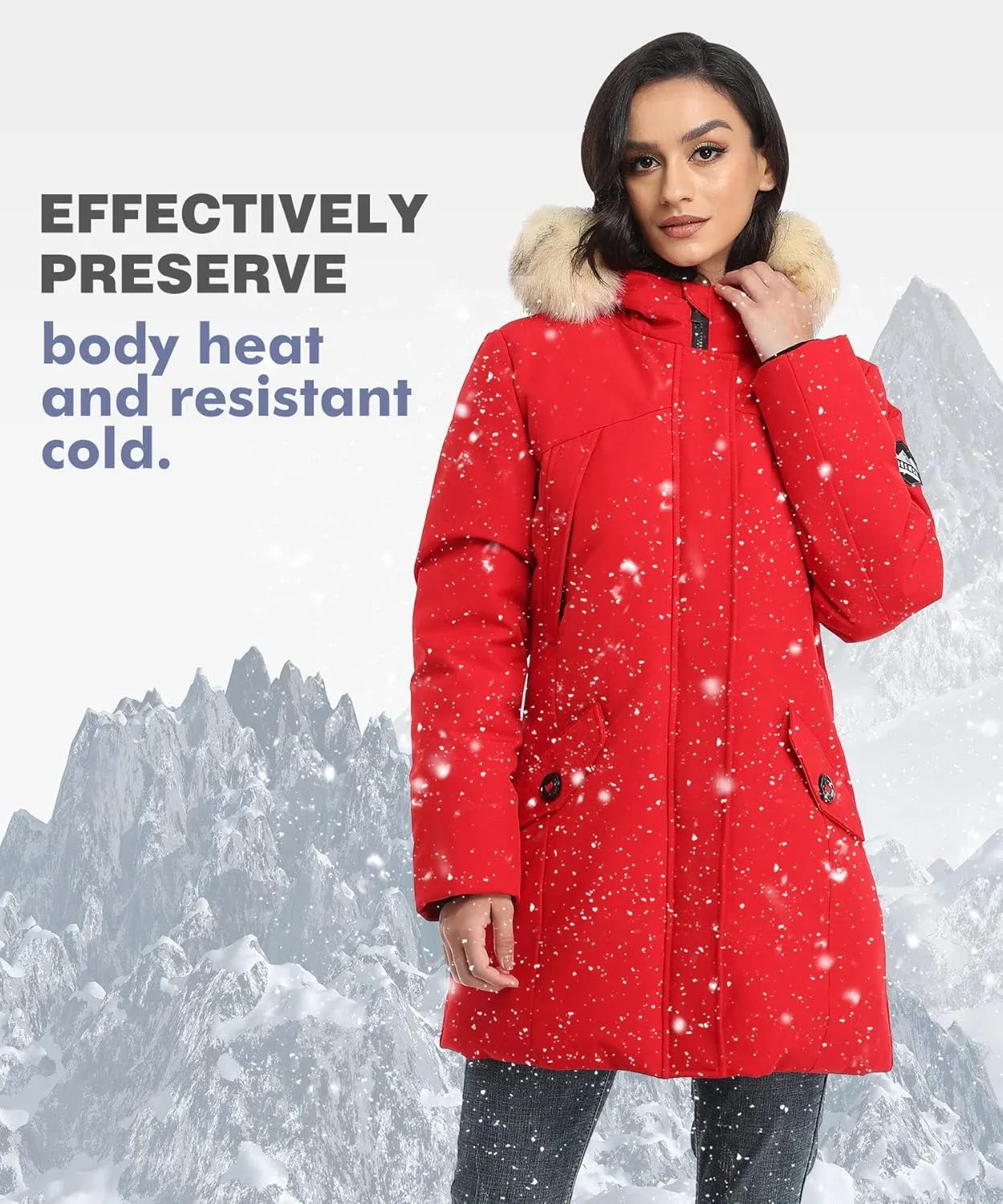 PUREMSX Winter Coat for Women, Thick Warm Fur Hood Insulated Vegan Down Padded Jacket Parka XS-XXL