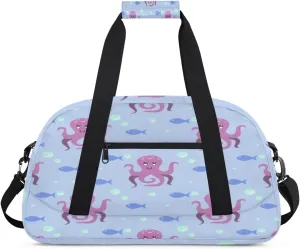 Purple Octopus Gym Duffel Bag for Men Women Cartoon Fish Sports Tote Bag with Adjustable Shoulder Strap for Dance Gymnastics Traveling Outdoor Camping Overnight Stay