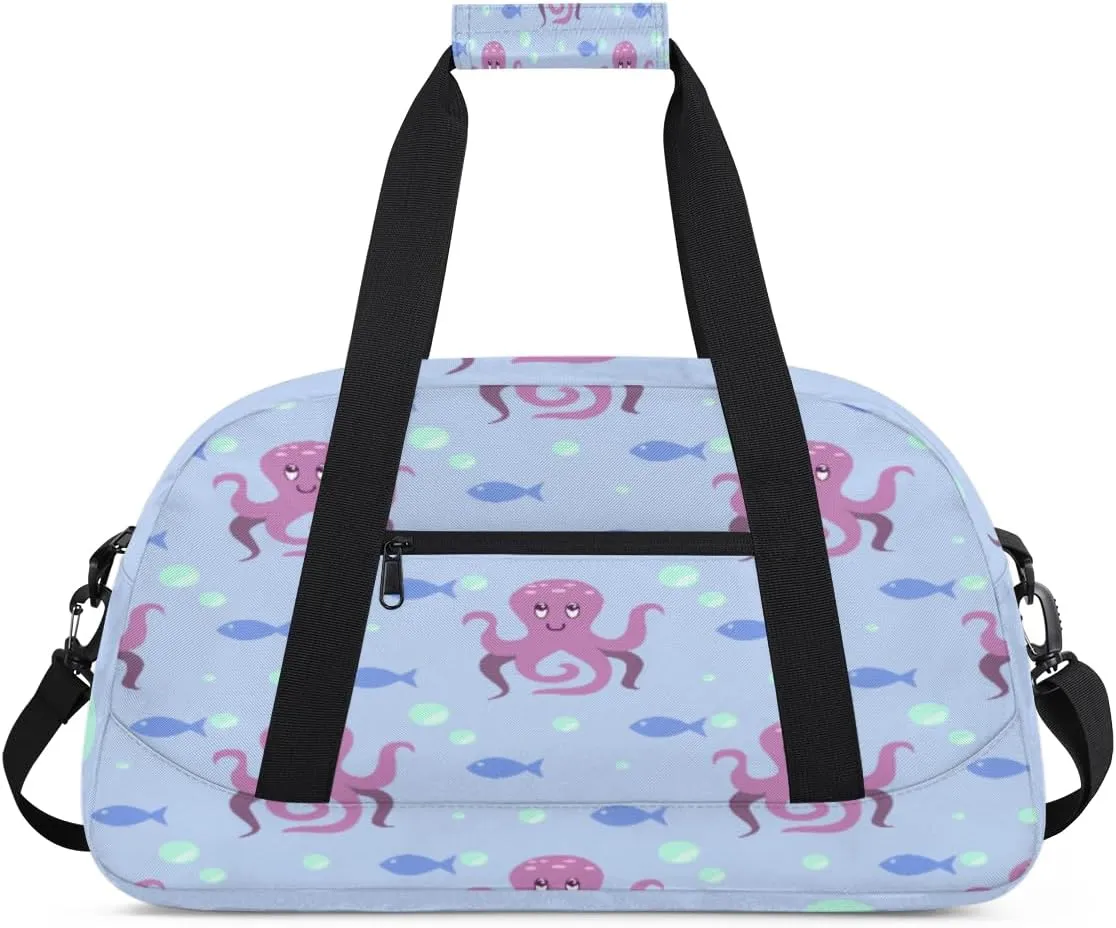 Purple Octopus Gym Duffel Bag for Men Women Cartoon Fish Sports Tote Bag with Adjustable Shoulder Strap for Dance Gymnastics Traveling Outdoor Camping Overnight Stay