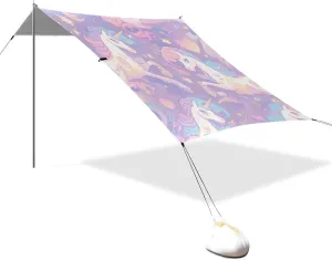 Purple Rainbow Unicorns Designed UPF50  Protection Stable Beach Tent Water-Resistant Shade Sun Shelter with Sandbags and Shovel for Camping Trips, Fishing, Backyard Fun or Picnics paraguas para