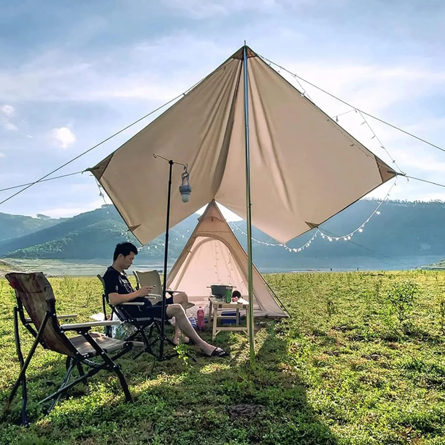 Pyramid Tent Indian Teepee Tents with Sun Shelter 3 4 People Family Tent Outdoor Camping Cotton Tent Yurt Tent for Mountaineering Hiking Camping