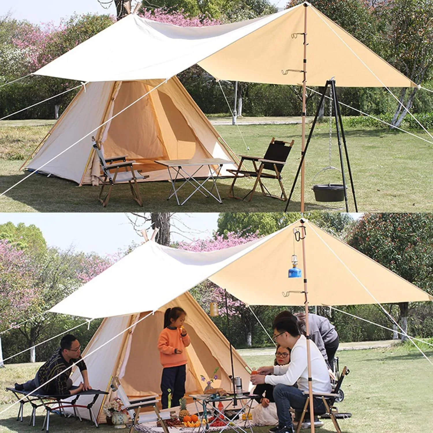 Pyramid Tent Indian Teepee Tents with Sun Shelter 3 4 People Family Tent Outdoor Camping Cotton Tent Yurt Tent for Mountaineering Hiking Camping