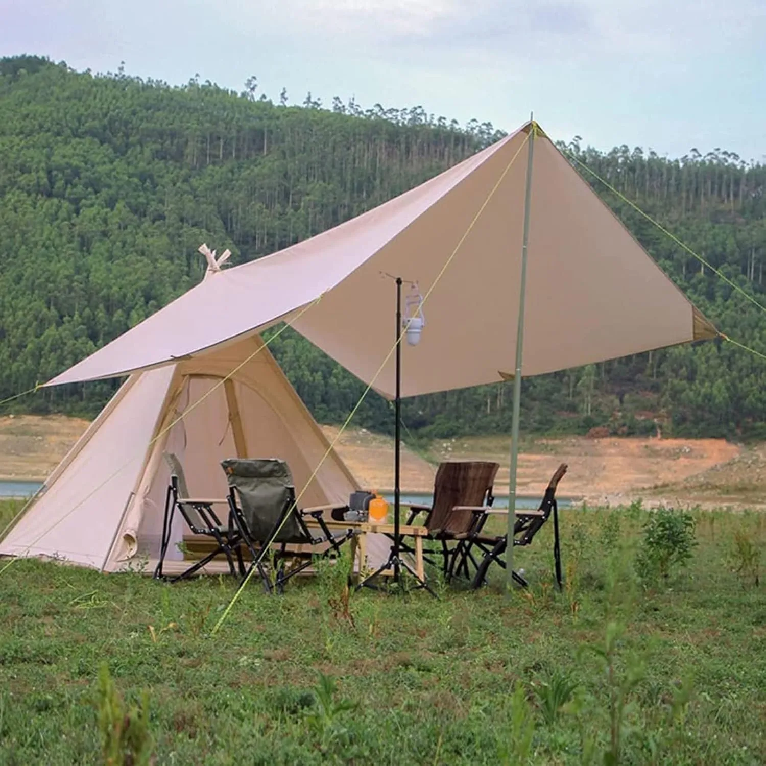 Pyramid Tent Indian Teepee Tents with Sun Shelter 3 4 People Family Tent Outdoor Camping Cotton Tent Yurt Tent for Mountaineering Hiking Camping