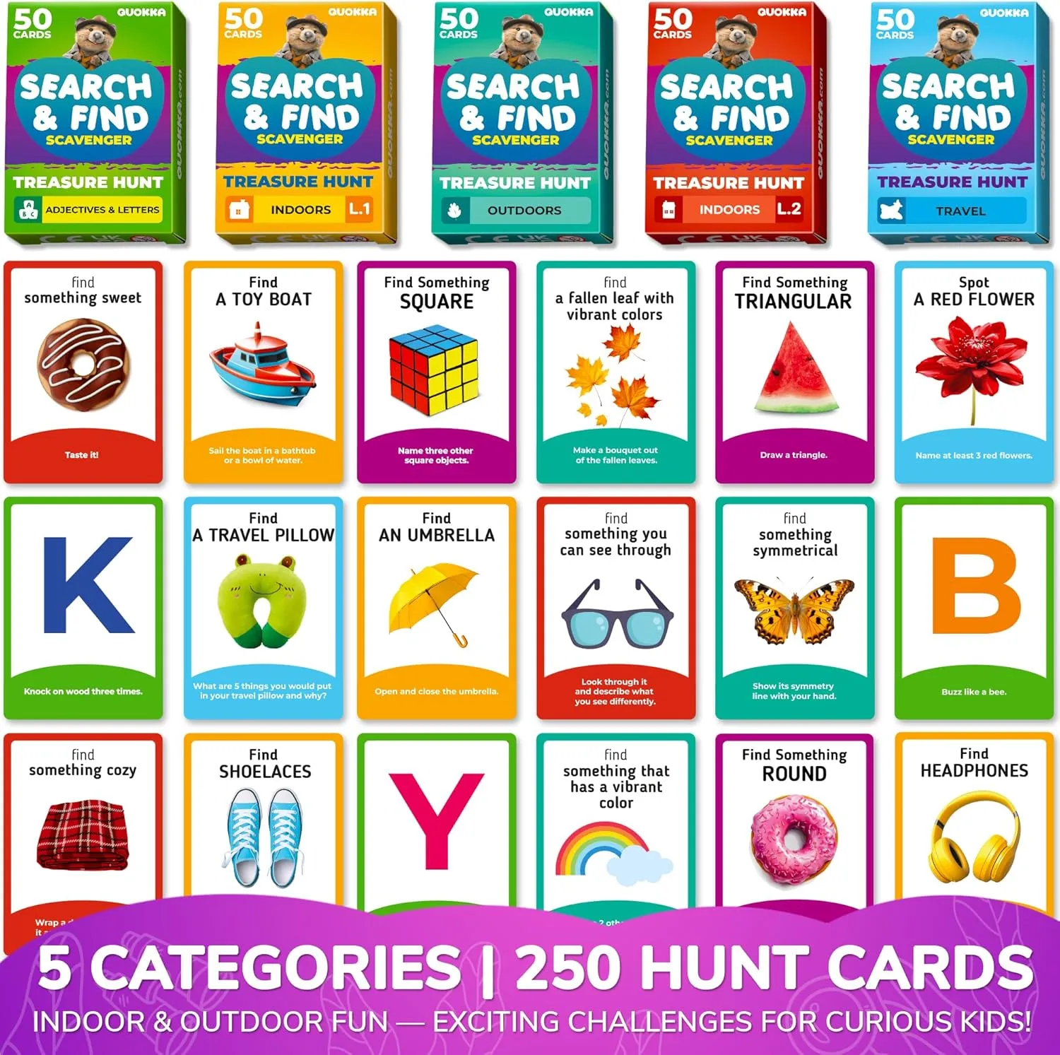 QUOKKA Scavenger Hunt for Kids Ages 4-8 - 250  Indoor Outdoor Activities for Kids Ages 6-8 - Camping Backyard Outdoor Games for 3-6 Year Olds - Pocket Travel Toys for Boys Girls and Family