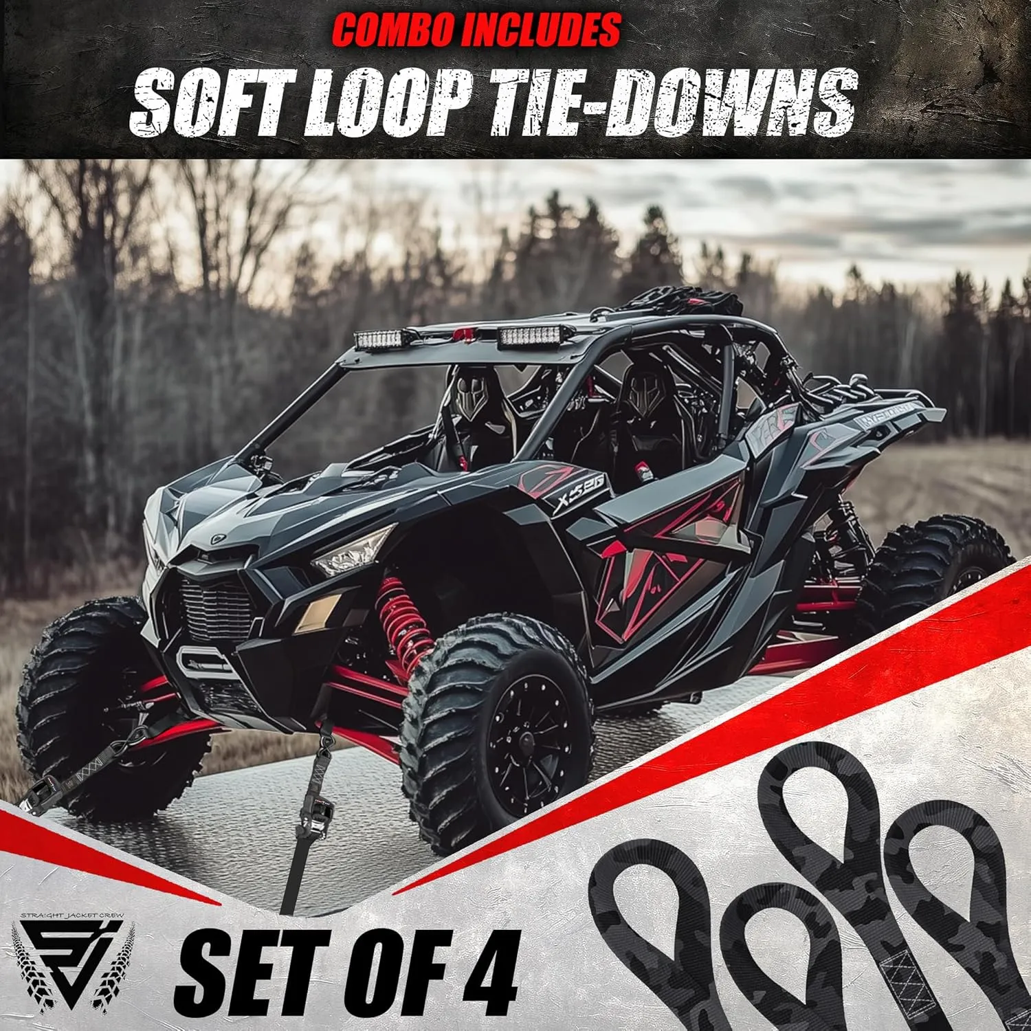 Ratchet Straps Tie Down Kit Incl. (4) Heavy Duty Rachet Tiedowns (1.6" x 8') with Coated S Hooks   (4) Soft Loop Tie-Downs (17") - 5,208 Total Break Strength by Straight Jacket Crew (Black Camo)