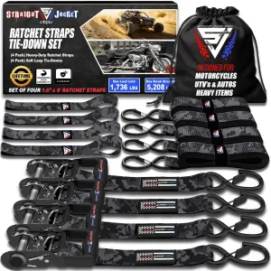 Ratchet Straps Tie Down Kit Incl. (4) Heavy Duty Rachet Tiedowns (1.6" x 8') with Coated S Hooks   (4) Soft Loop Tie-Downs (17") - 5,208 Total Break Strength by Straight Jacket Crew (Black Camo)