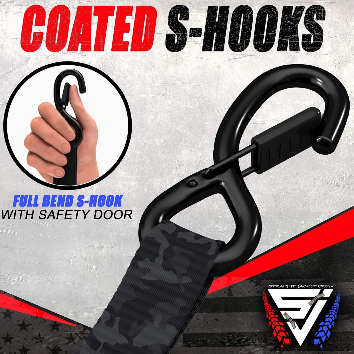 Ratchet Straps Tie Down Kit Incl. (4) Heavy Duty Rachet Tiedowns (1.6" x 8') with Coated S Hooks   (4) Soft Loop Tie-Downs (17") - 5,208 Total Break Strength by Straight Jacket Crew (Black Camo)