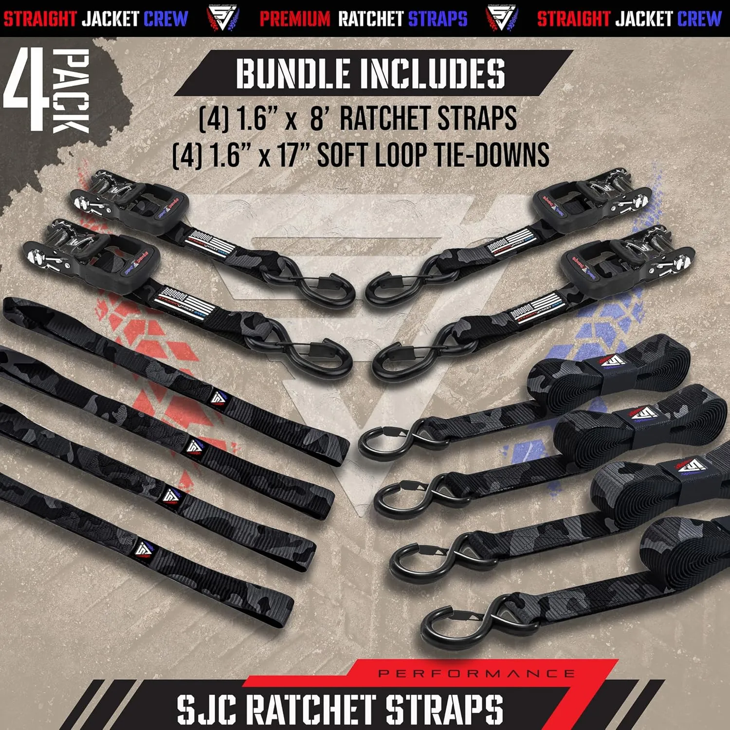 Ratchet Straps Tie Down Kit Incl. (4) Heavy Duty Rachet Tiedowns (1.6" x 8') with Coated S Hooks   (4) Soft Loop Tie-Downs (17") - 5,208 Total Break Strength by Straight Jacket Crew (Black Camo)
