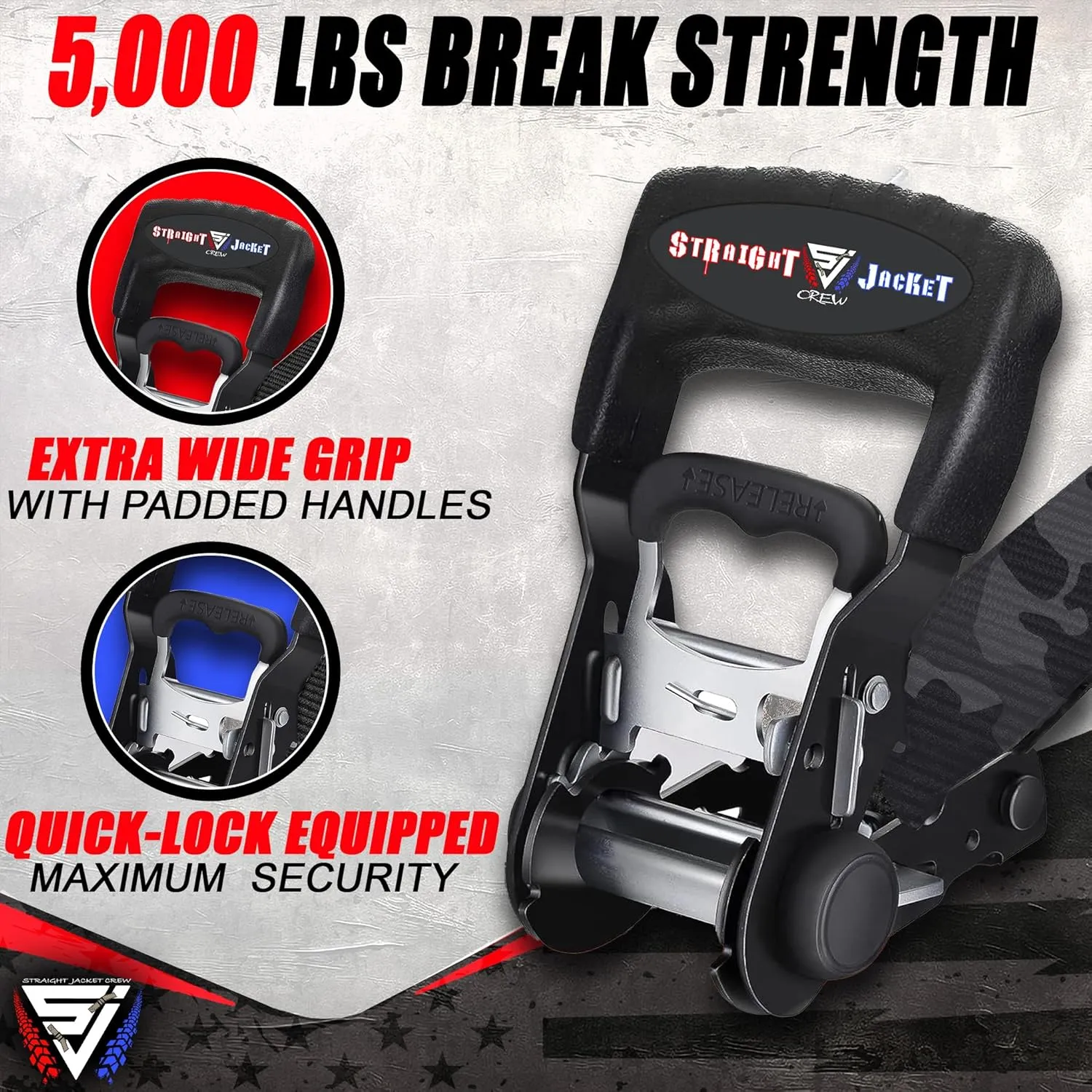 Ratchet Straps Tie Down Kit Incl. (4) Heavy Duty Rachet Tiedowns (1.6" x 8') with Coated S Hooks   (4) Soft Loop Tie-Downs (17") - 5,208 Total Break Strength by Straight Jacket Crew (Black Camo)
