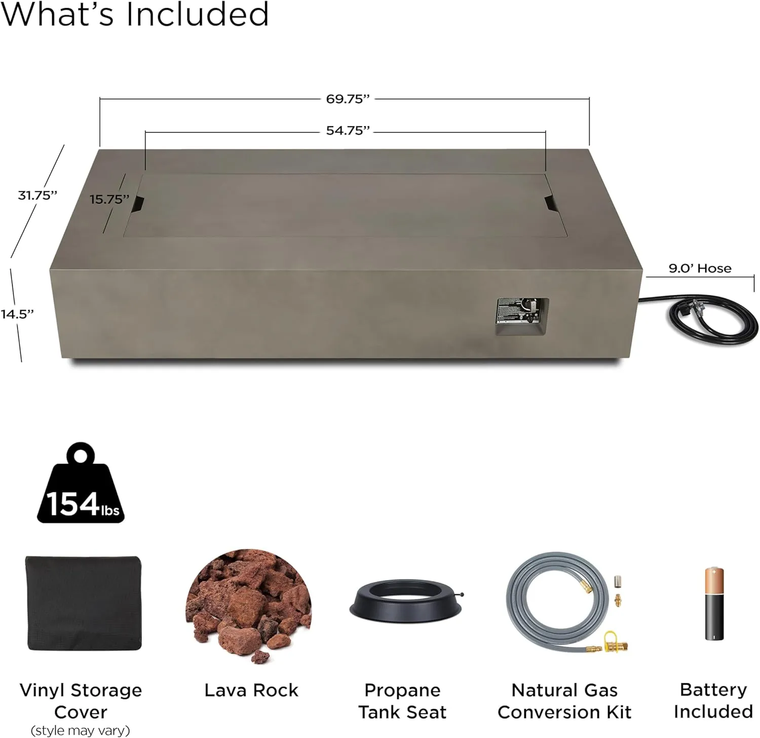 Real Flame Aegean 70in Rectangle Propane or Natural Gas Fire Pit Table, 65,000 BTU, Powder-Coated Steel, Push-Button Ignition, CSA Certified, Lava Rock, Storage Cover, Stainless Steel Burner with Lid