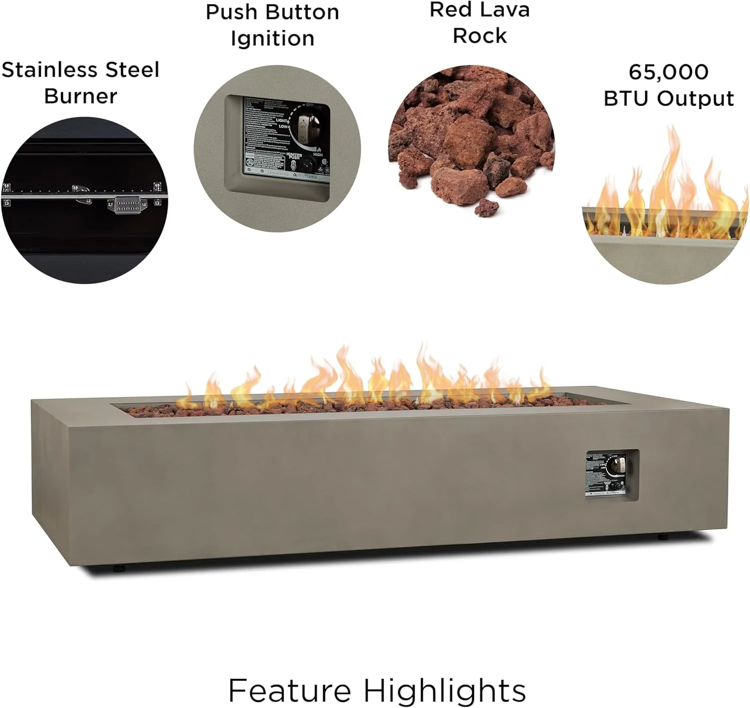Real Flame Aegean 70in Rectangle Propane or Natural Gas Fire Pit Table, 65,000 BTU, Powder-Coated Steel, Push-Button Ignition, CSA Certified, Lava Rock, Storage Cover, Stainless Steel Burner with Lid