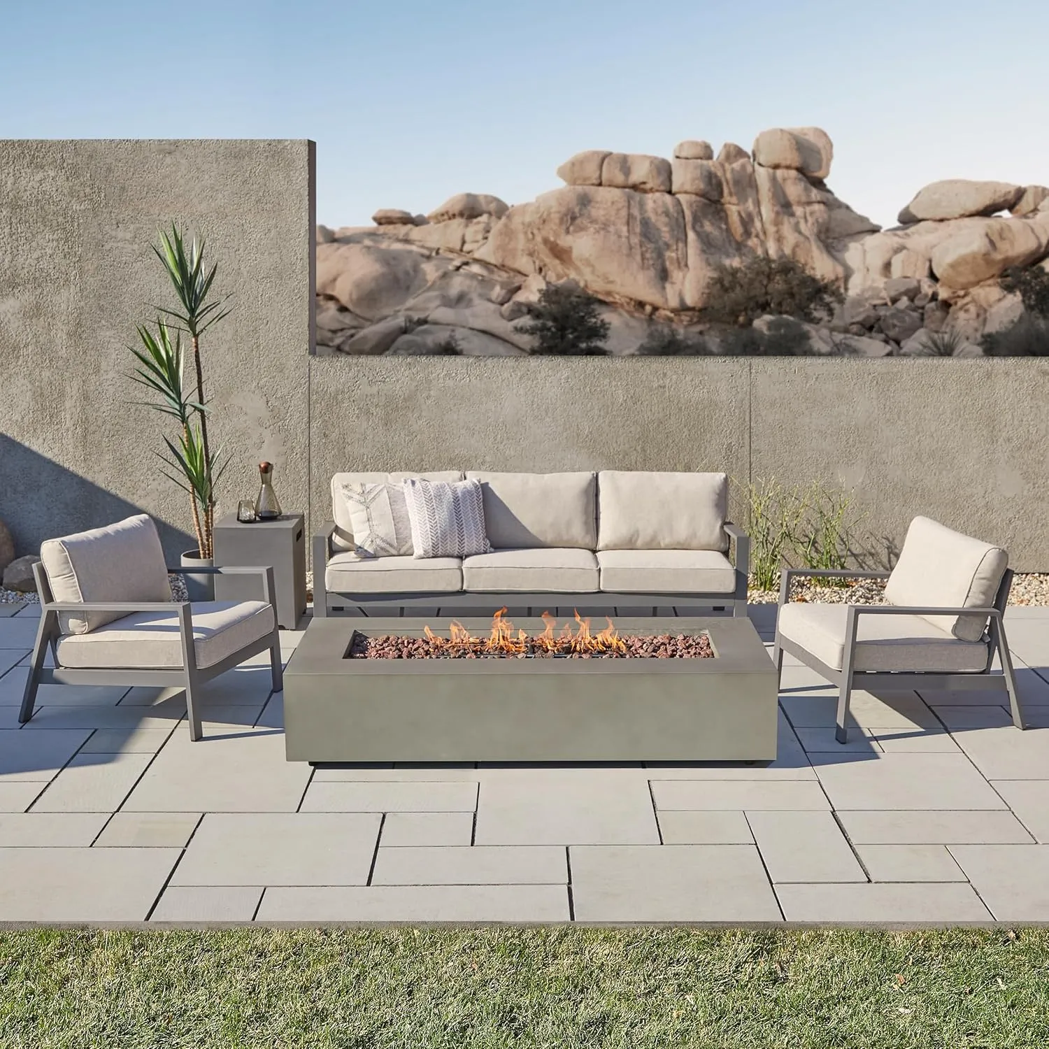 Real Flame Aegean 70in Rectangle Propane or Natural Gas Fire Pit Table, 65,000 BTU, Powder-Coated Steel, Push-Button Ignition, CSA Certified, Lava Rock, Storage Cover, Stainless Steel Burner with Lid