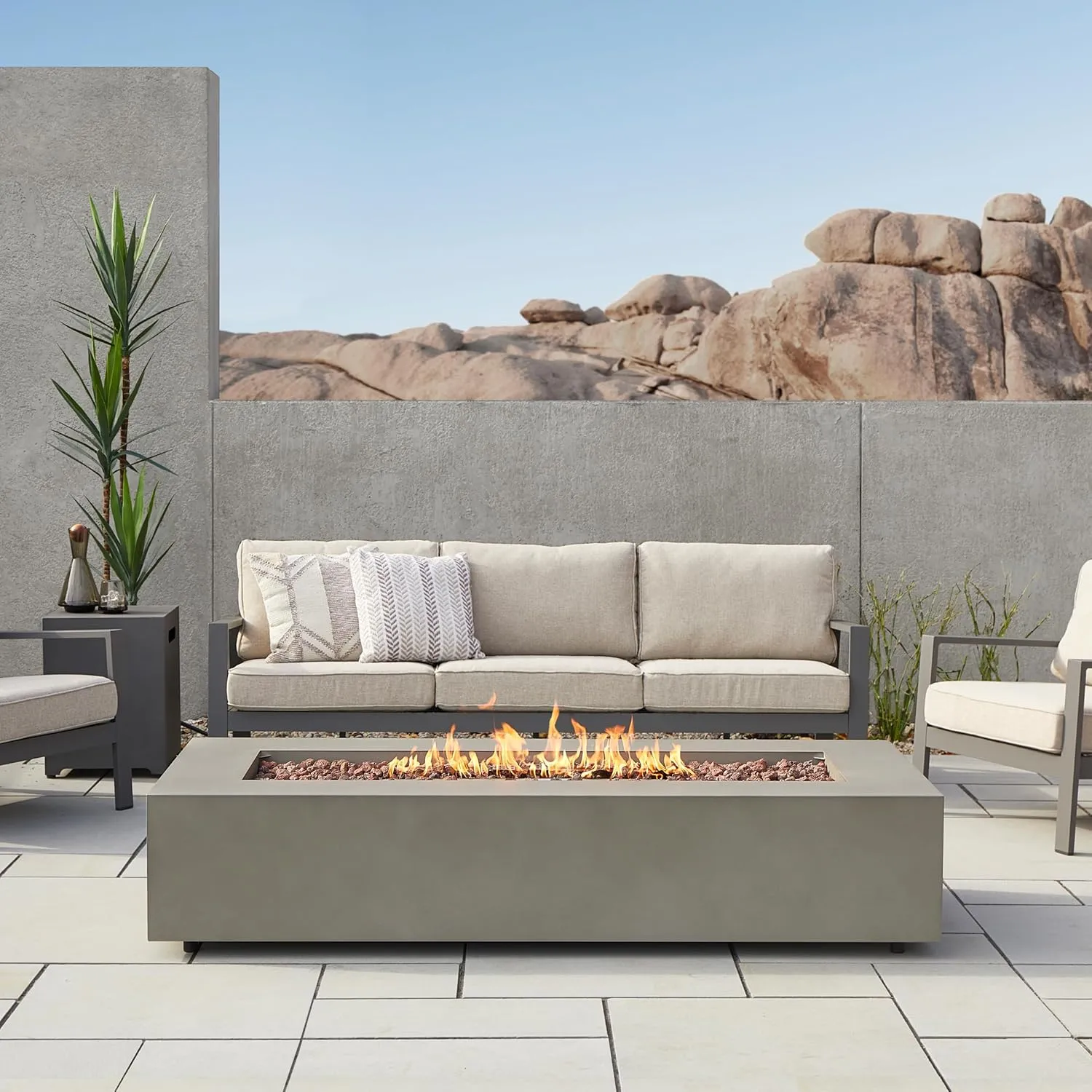 Real Flame Aegean 70in Rectangle Propane or Natural Gas Fire Pit Table, 65,000 BTU, Powder-Coated Steel, Push-Button Ignition, CSA Certified, Lava Rock, Storage Cover, Stainless Steel Burner with Lid