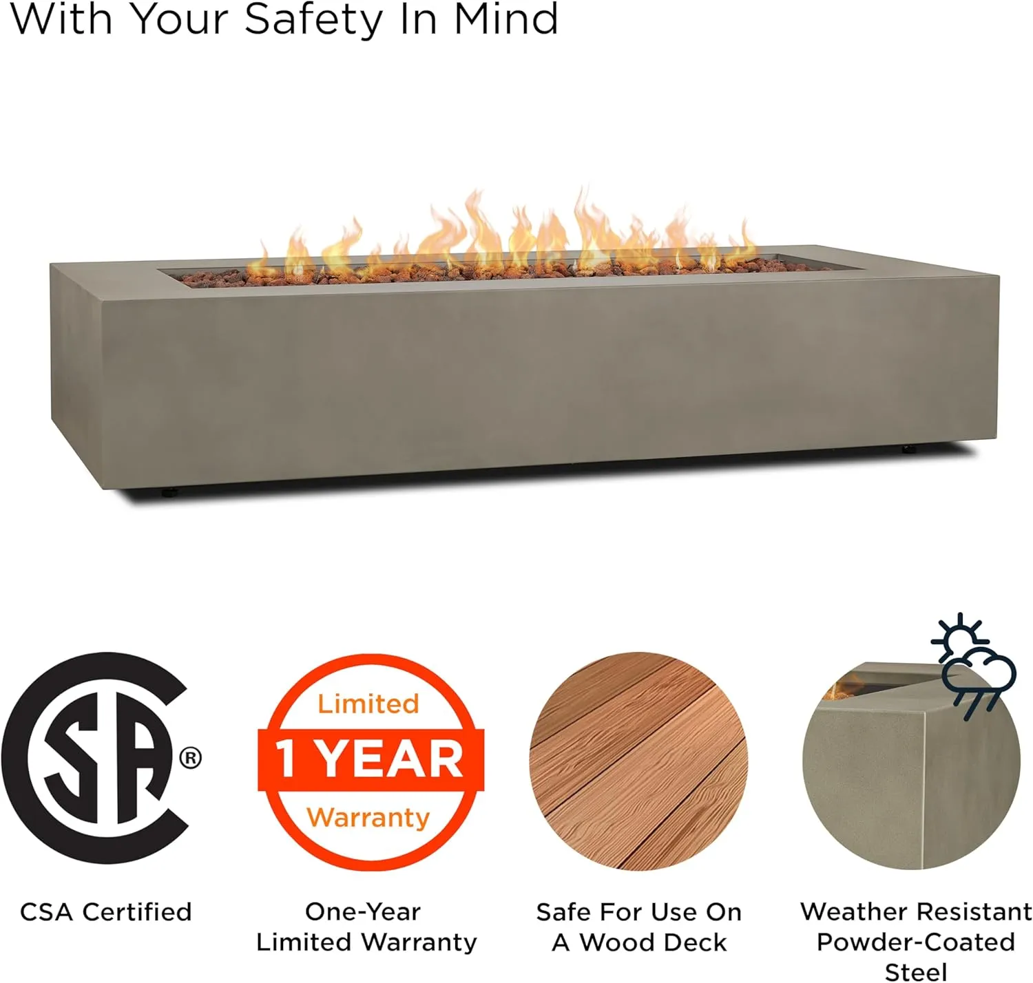 Real Flame Aegean 70in Rectangle Propane or Natural Gas Fire Pit Table, 65,000 BTU, Powder-Coated Steel, Push-Button Ignition, CSA Certified, Lava Rock, Storage Cover, Stainless Steel Burner with Lid