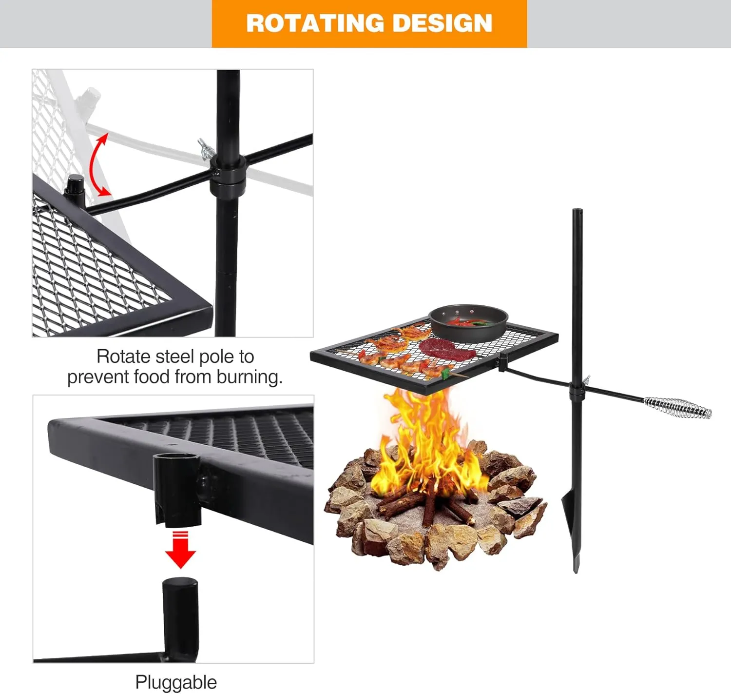 REDCAMP Swivel Campfire Grill Heavy Duty Steel Grate, Over Fire Camp Grill with Carrying Bag for Outdoor Open Flame Cooking