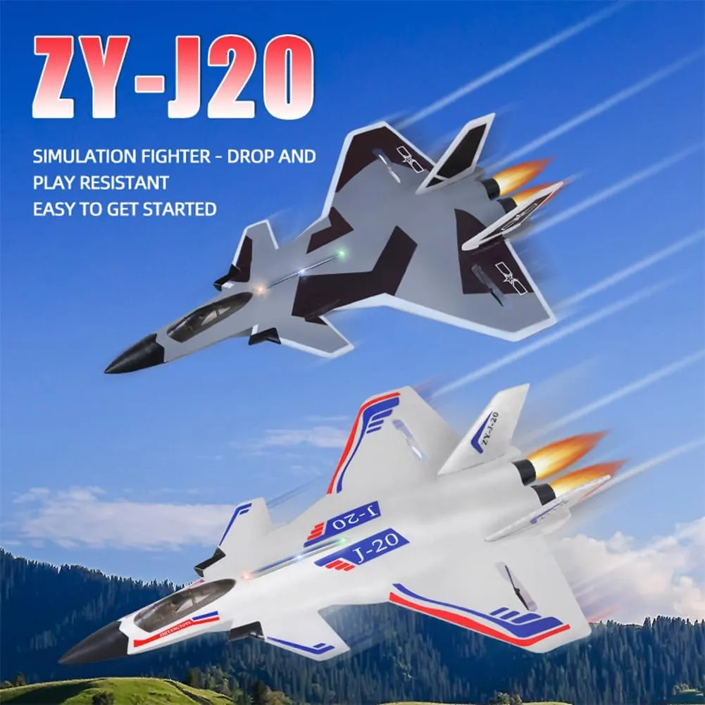 Remote Control Plane RTF J-20 Fire Fang 2.4Ghz 6-axis Gyro RC Airplane with Light Strip, Jet Fighter Toy Gift for Kids Beginner (Stealth White)