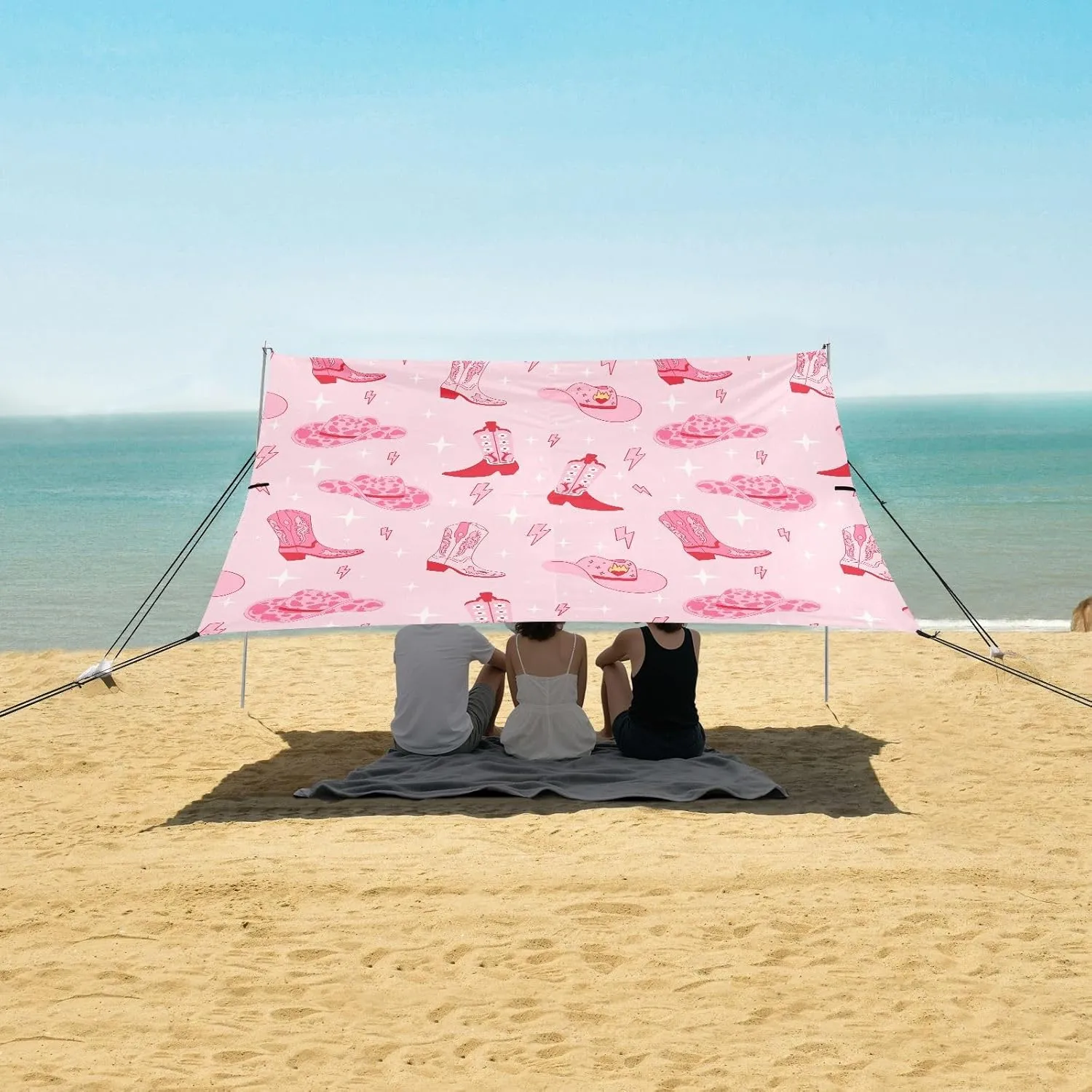 Retro Cowgirl Boots Beach Canopy Tent Anti-UV & Wind Resistant, Pink West Hat Camping Sun Shelter Easy Setup Portable,Outdoor Shade Tents with Sandbags,Sand Shovels,Ground Pegs & Stability Poles