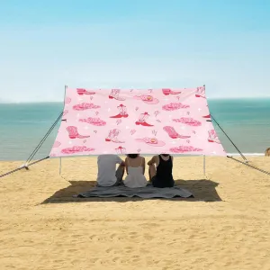 Retro Cowgirl Boots Beach Canopy Tent Anti-UV & Wind Resistant, Pink West Hat Camping Sun Shelter Easy Setup Portable,Outdoor Shade Tents with Sandbags,Sand Shovels,Ground Pegs & Stability Poles