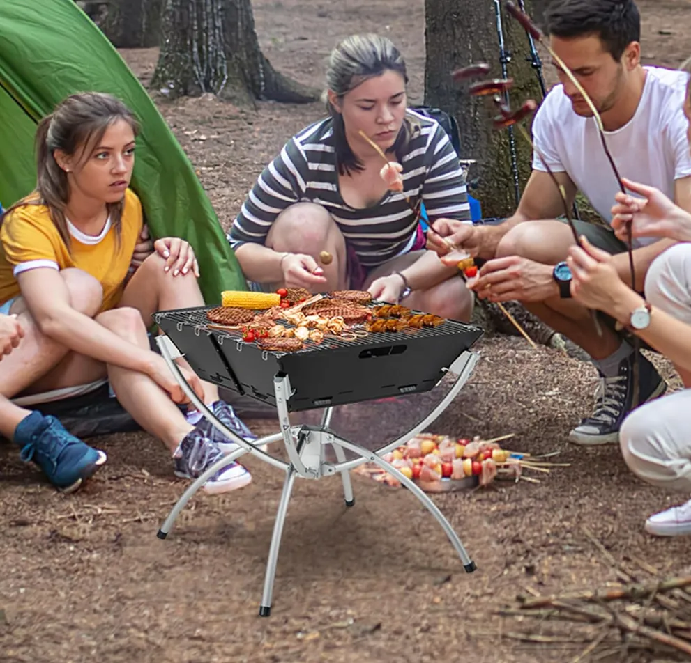Rever Living Camping Campfire BBQ Grill, 3-in-1 Portable Firewood Charcoal Fire Pit