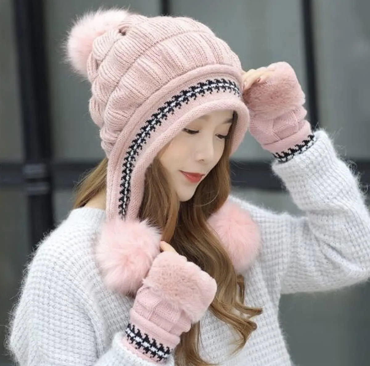 Roll Up Women's Girls Cute Winter Cozy Earflap Knitted Pom Pom Ski Cap Hat Beanies with matching Glove Mitten Set