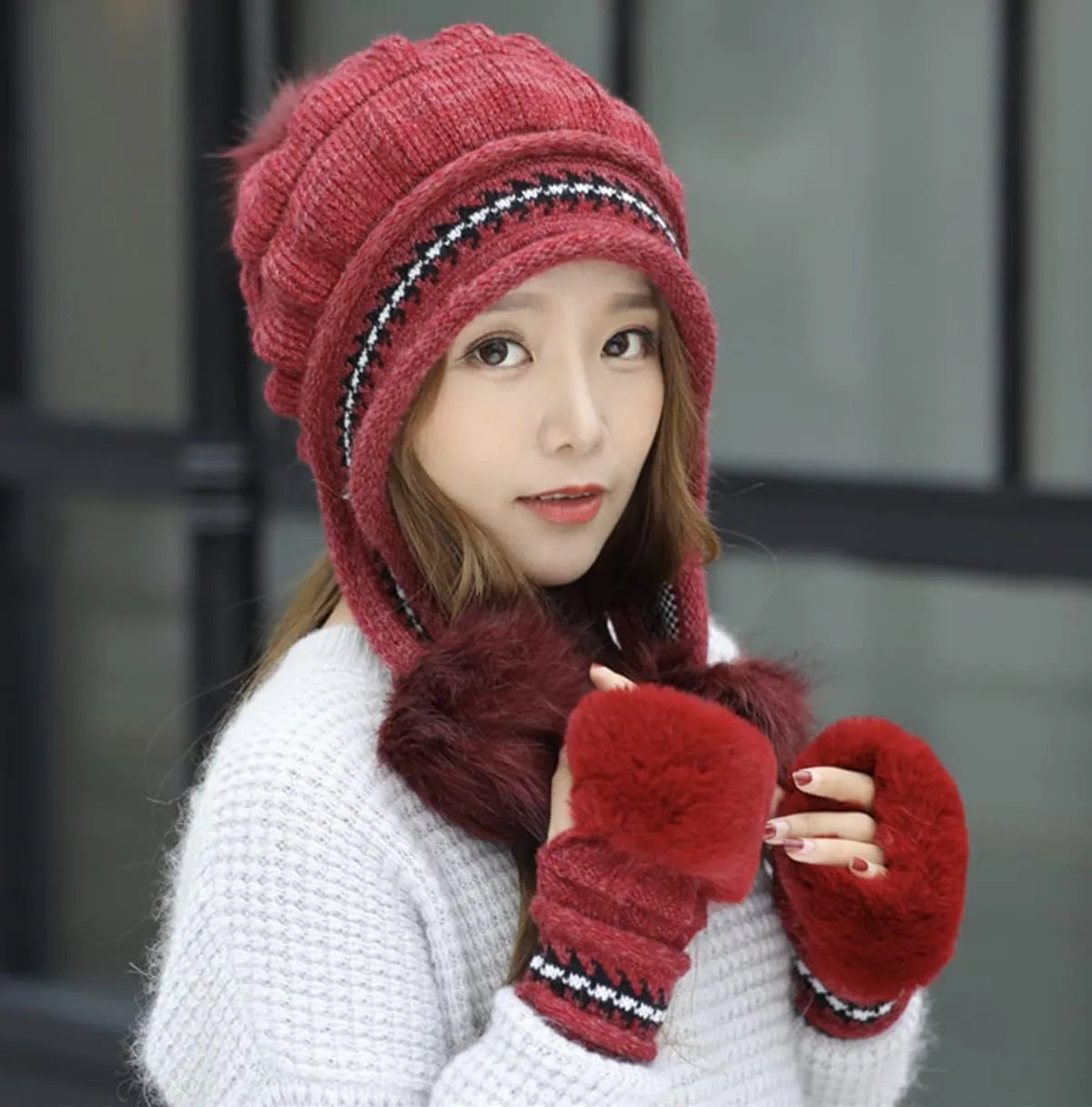 Roll Up Women's Girls Cute Winter Cozy Earflap Knitted Pom Pom Ski Cap Hat Beanies with matching Glove Mitten Set
