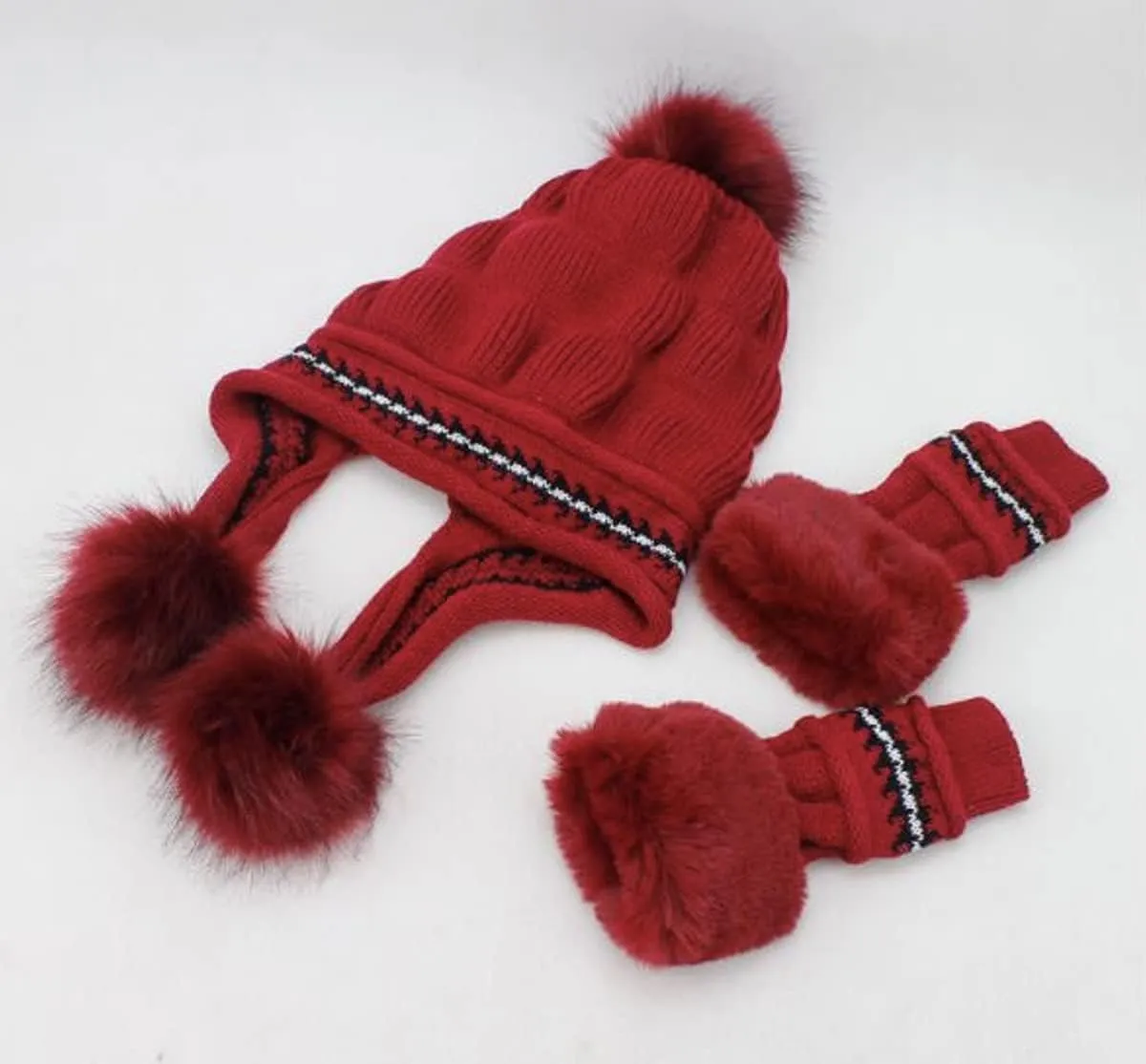 Roll Up Women's Girls Cute Winter Cozy Earflap Knitted Pom Pom Ski Cap Hat Beanies with matching Glove Mitten Set