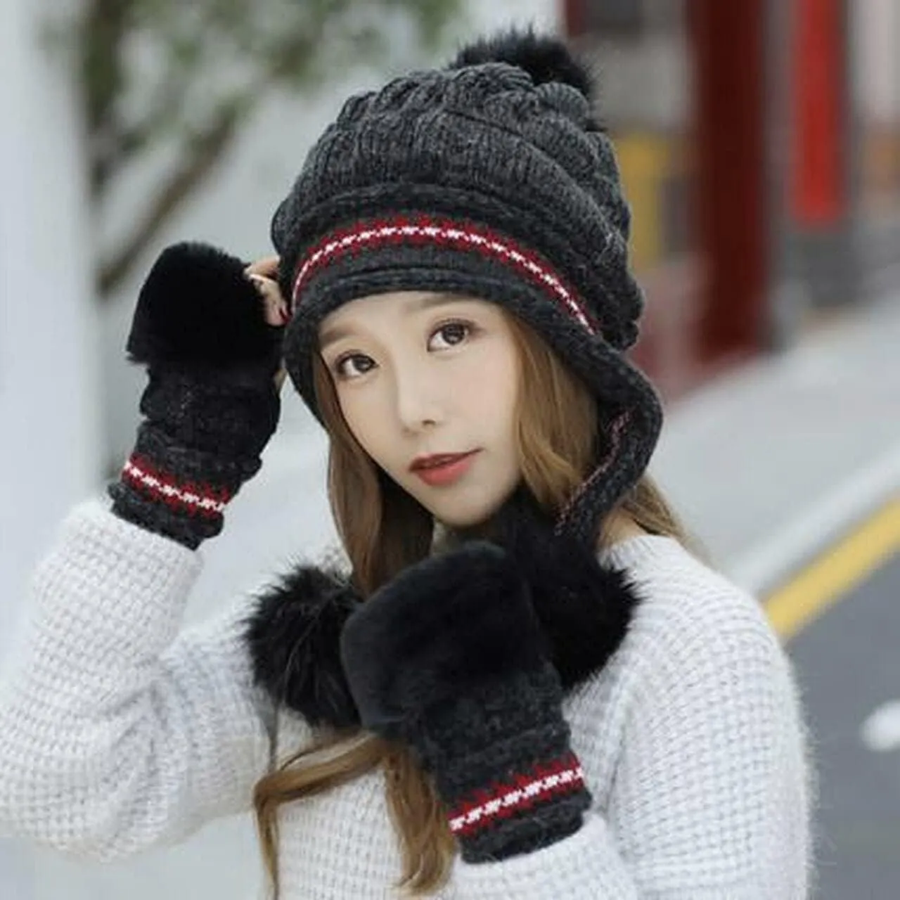Roll Up Women's Girls Cute Winter Cozy Earflap Knitted Pom Pom Ski Cap Hat Beanies with matching Glove Mitten Set