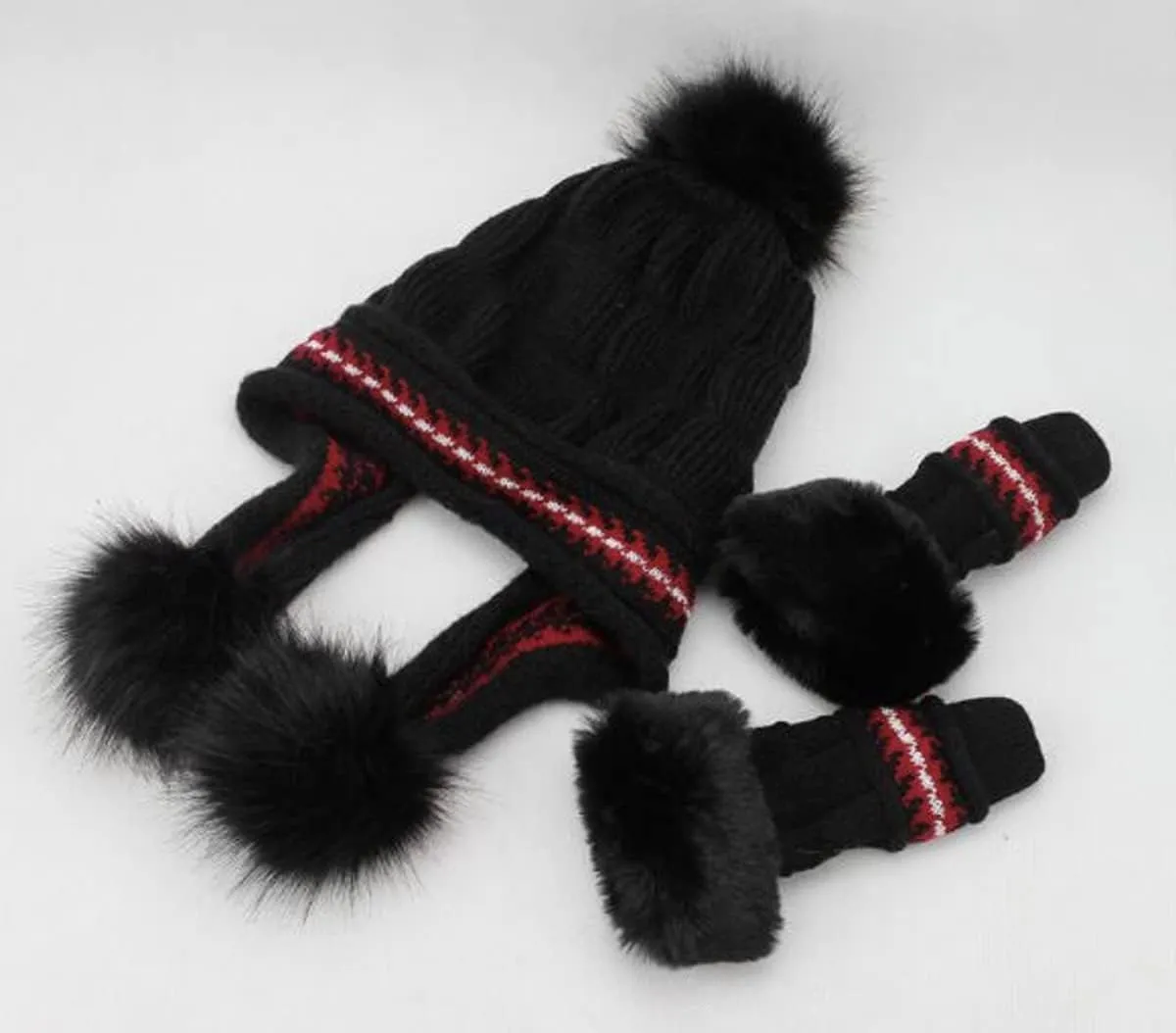 Roll Up Women's Girls Cute Winter Cozy Earflap Knitted Pom Pom Ski Cap Hat Beanies with matching Glove Mitten Set