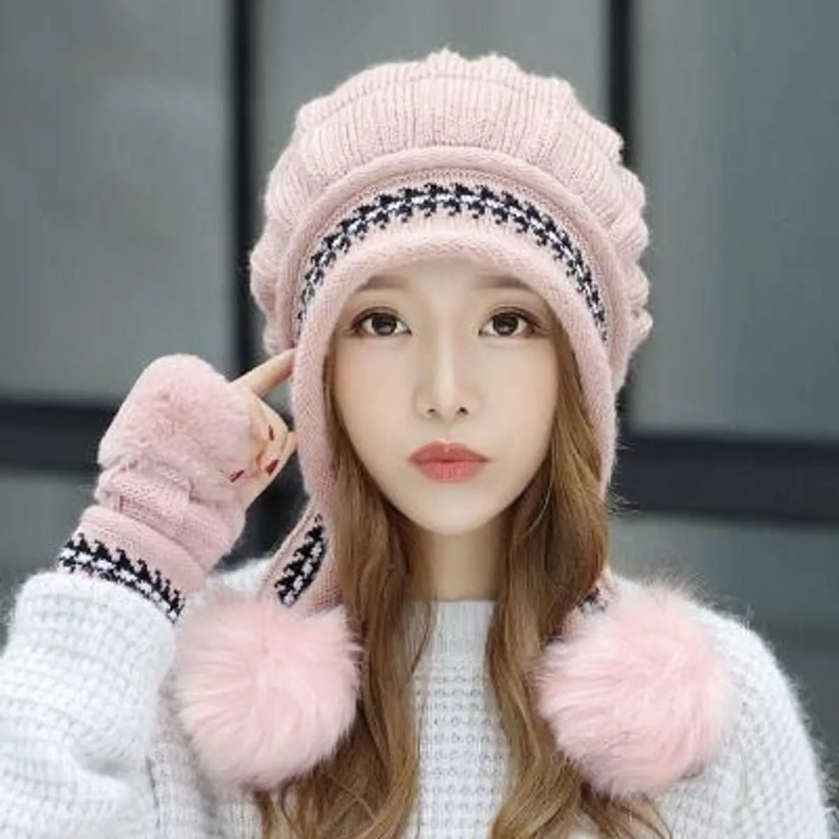 Roll Up Women's Girls Cute Winter Cozy Earflap Knitted Pom Pom Ski Cap Hat Beanies with matching Glove Mitten Set