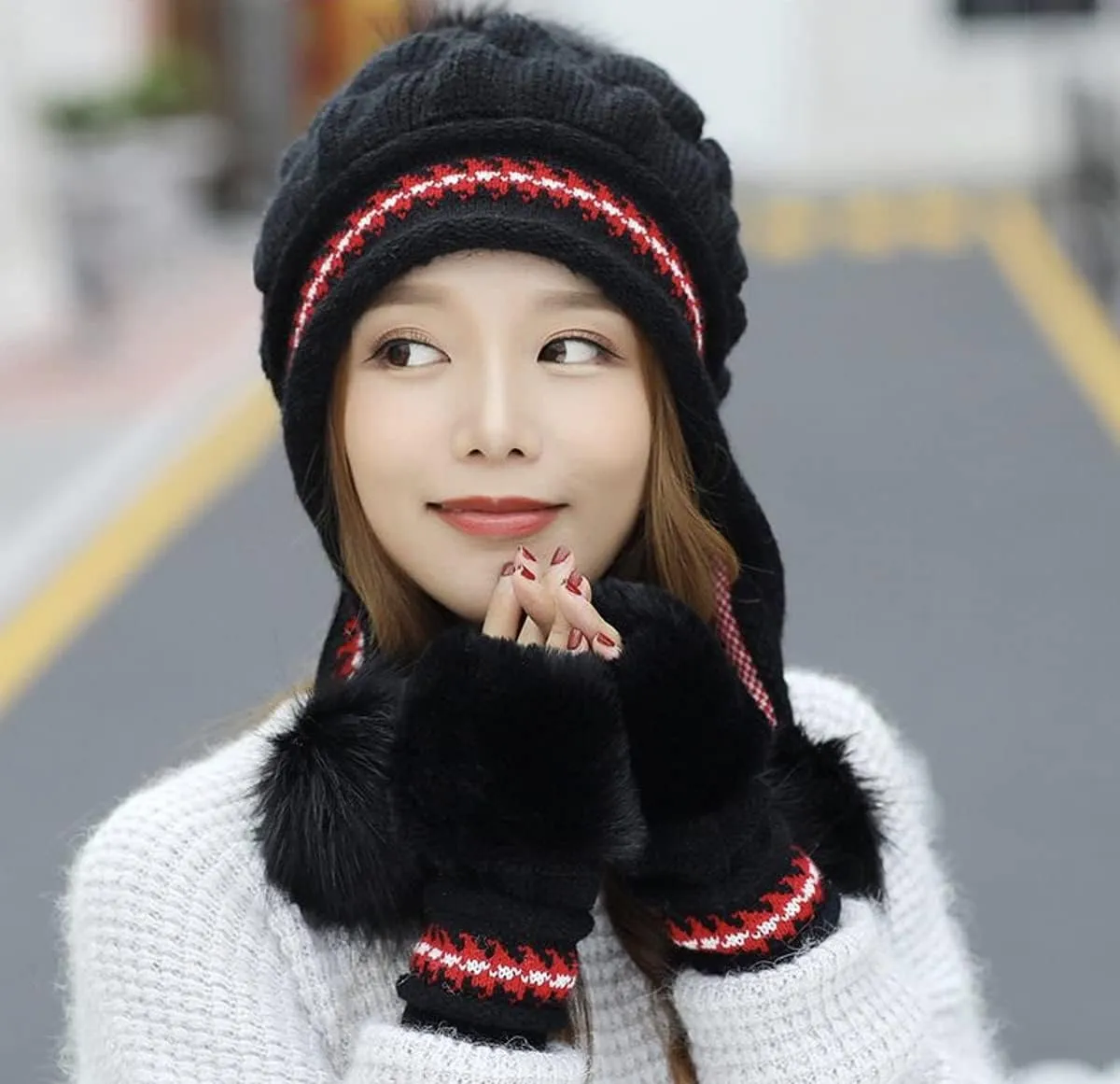 Roll Up Women's Girls Cute Winter Cozy Earflap Knitted Pom Pom Ski Cap Hat Beanies with matching Glove Mitten Set