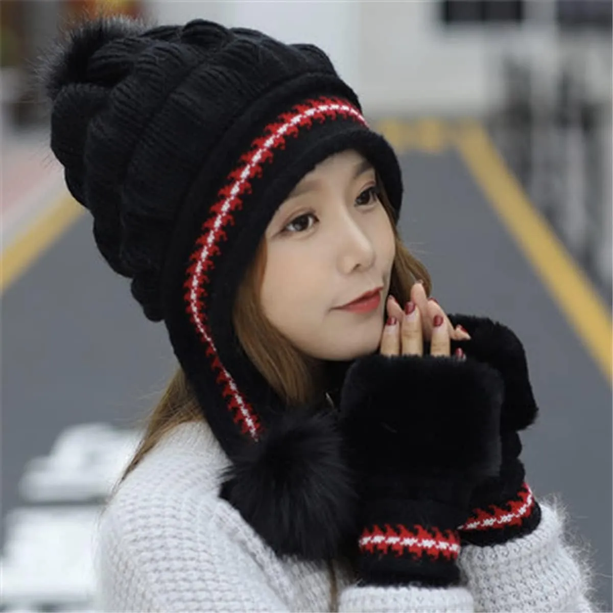 Roll Up Women's Girls Cute Winter Cozy Earflap Knitted Pom Pom Ski Cap Hat Beanies with matching Glove Mitten Set