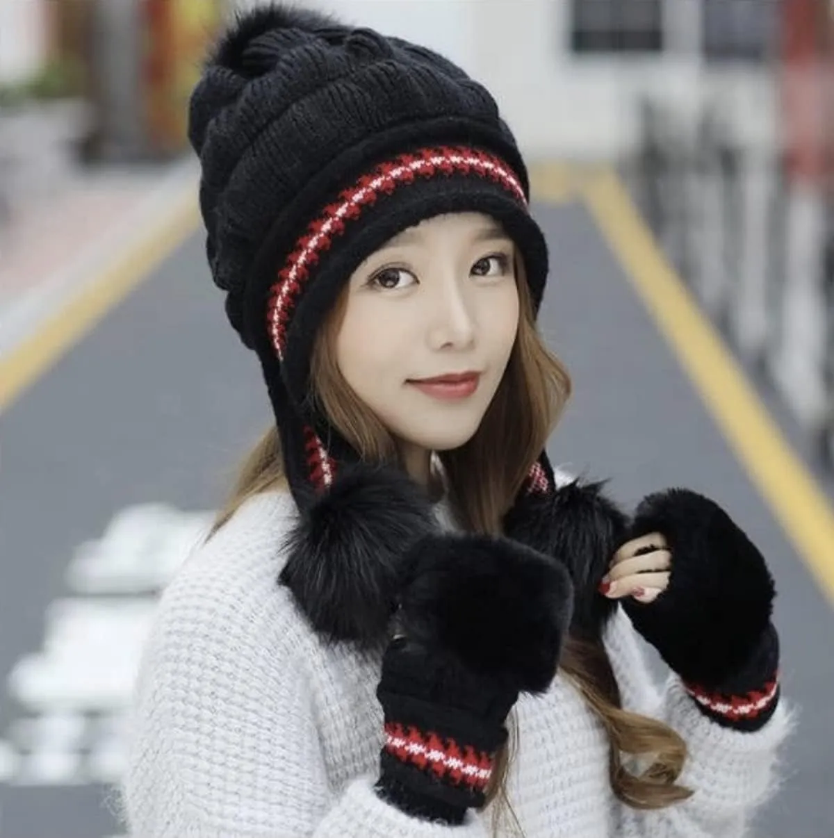 Roll Up Women's Girls Cute Winter Cozy Earflap Knitted Pom Pom Ski Cap Hat Beanies with matching Glove Mitten Set