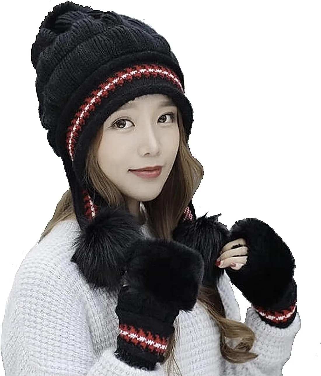 Roll Up Women's Girls Cute Winter Cozy Earflap Knitted Pom Pom Ski Cap Hat Beanies with matching Glove Mitten Set