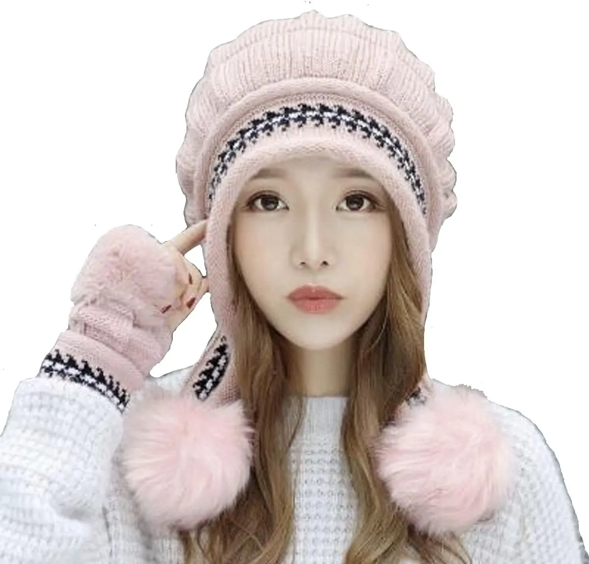 Roll Up Women's Girls Cute Winter Cozy Earflap Knitted Pom Pom Ski Cap Hat Beanies with matching Glove Mitten Set