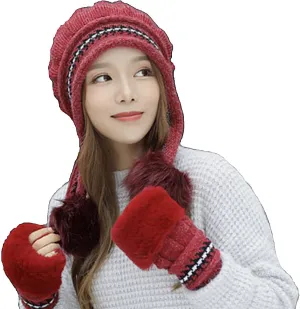 Roll Up Women's Girls Cute Winter Cozy Earflap Knitted Pom Pom Ski Cap Hat Beanies with matching Glove Mitten Set