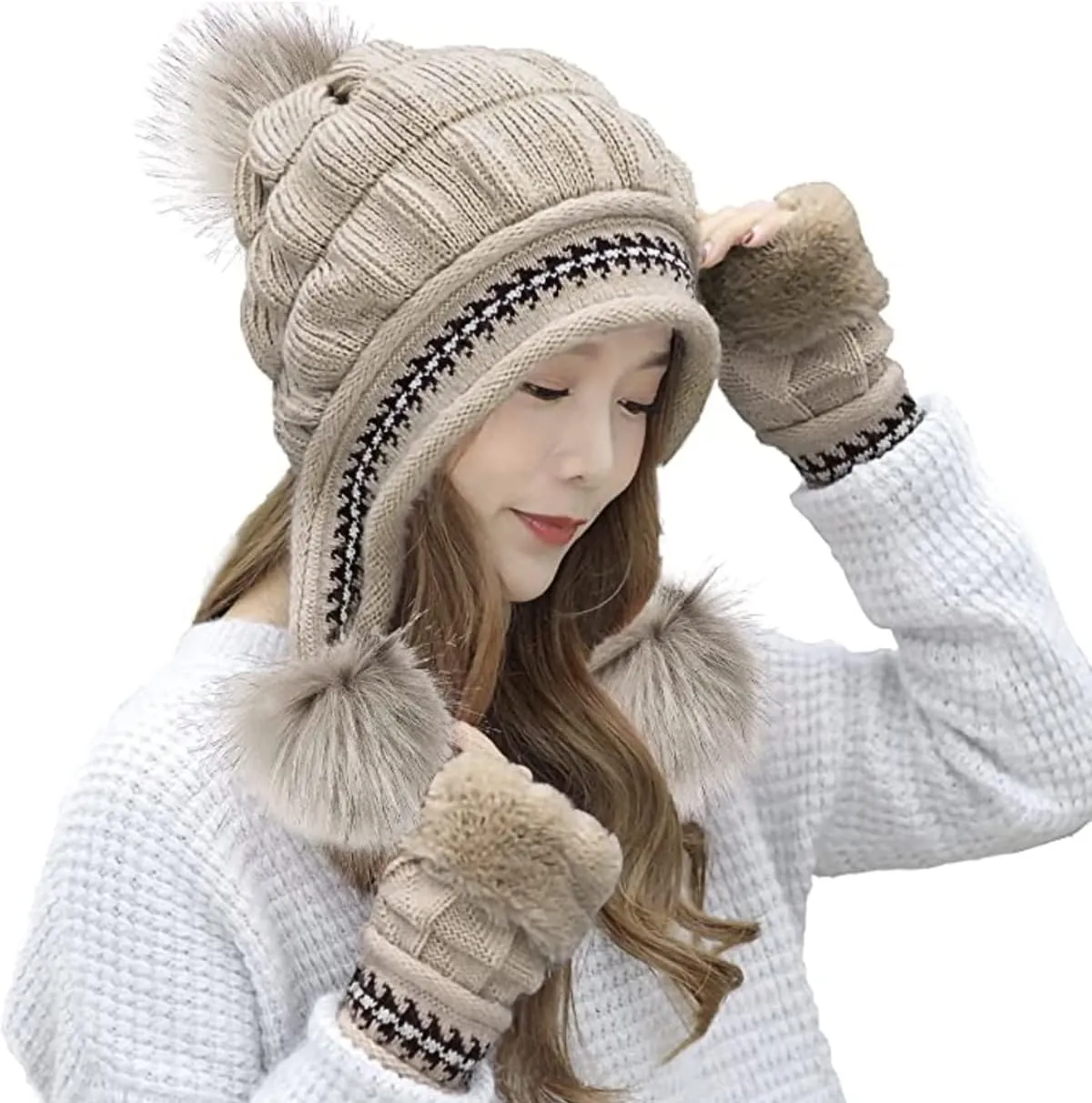 Roll Up Women's Girls Cute Winter Cozy Earflap Knitted Pom Pom Ski Cap Hat Beanies with matching Glove Mitten Set