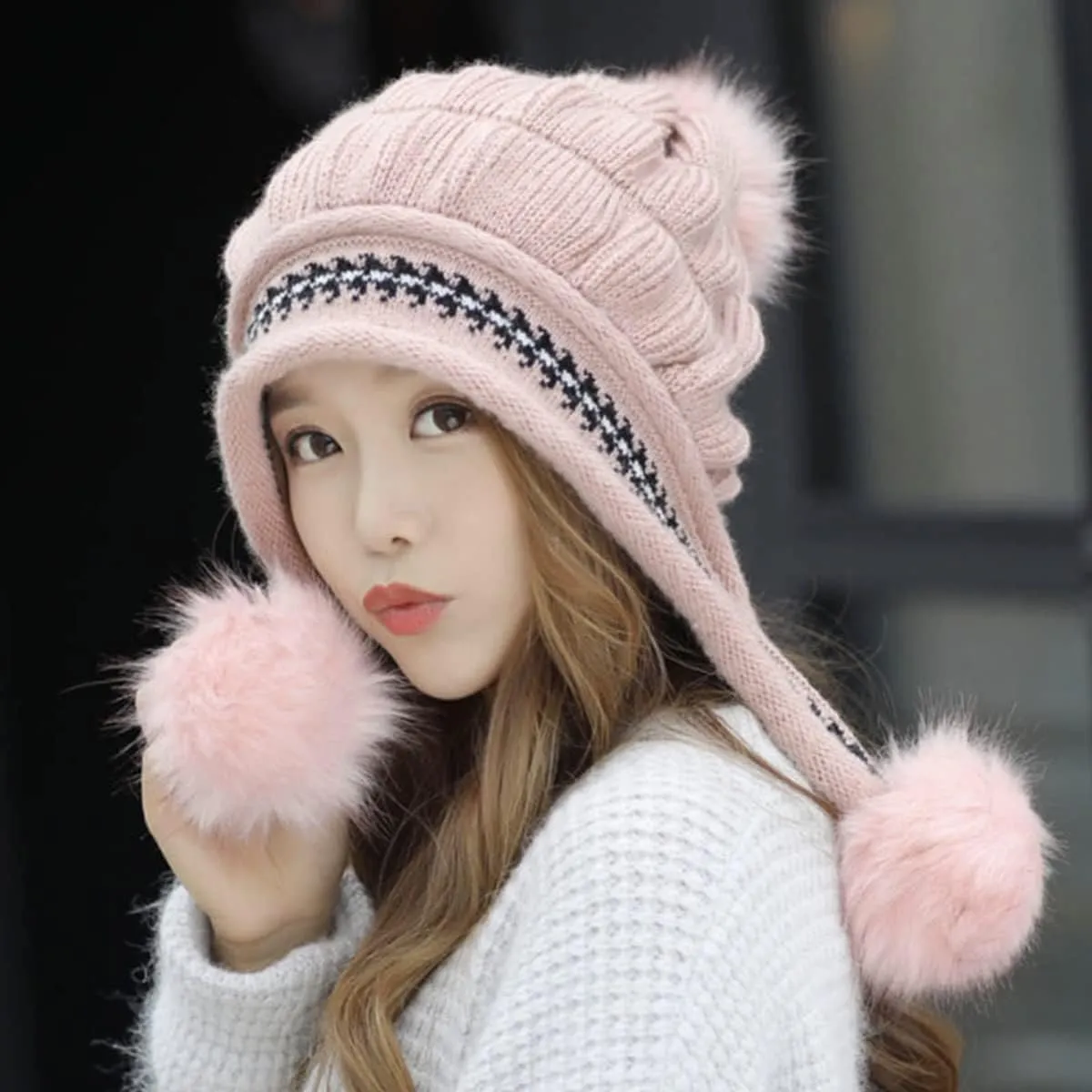 Roll Up Women's Girls Cute Winter Cozy Earflap Knitted Pom Pom Ski Cap Hat Beanies with matching Glove Mitten Set