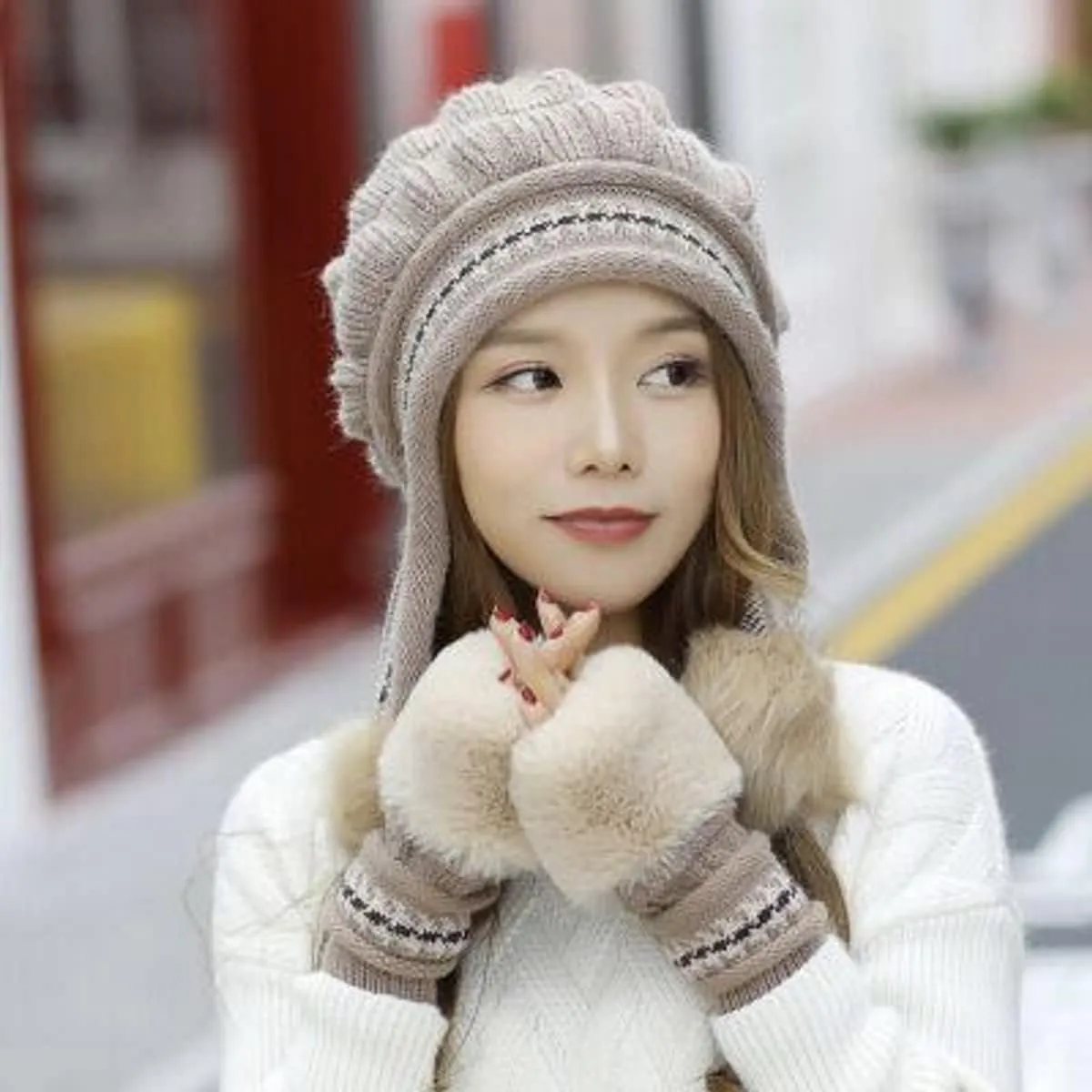 Roll Up Women's Girls Cute Winter Cozy Earflap Knitted Pom Pom Ski Cap Hat Beanies with matching Glove Mitten Set