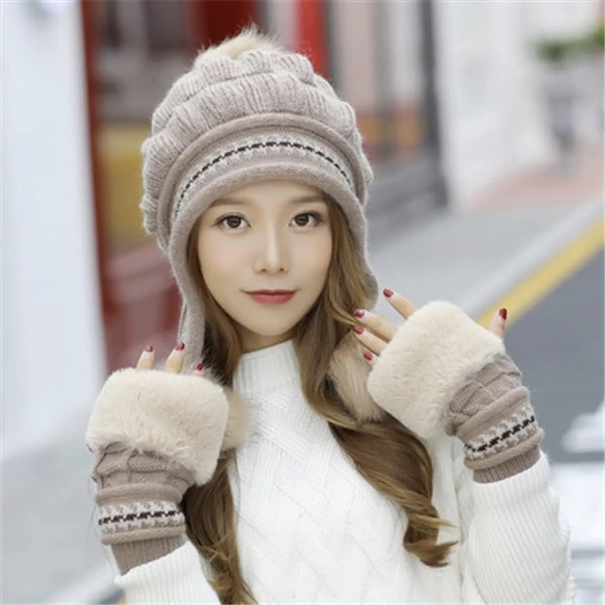 Roll Up Women's Girls Cute Winter Cozy Earflap Knitted Pom Pom Ski Cap Hat Beanies with matching Glove Mitten Set
