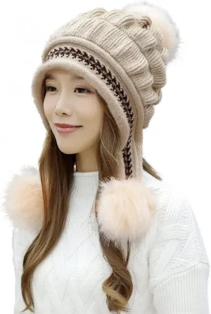 Roll Up Women's Girls Cute Winter Cozy Earflap Knitted Pom Pom Ski Cap Hat Beanies with matching Glove Mitten Set